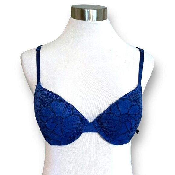 Victorias Secret 34B Demi Bra Blue Floral Lace Back Lightly Lined Underwire - Picture 1 of 7